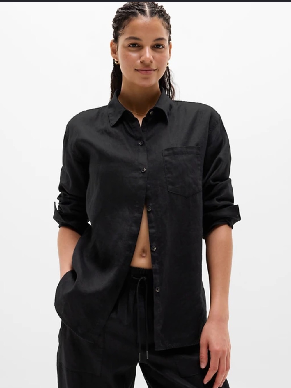 Athleta Black 100% Linen Button-Up Shirt